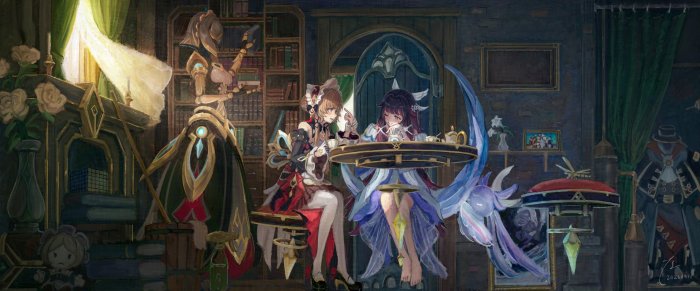 Two girls having tea in a library with a robot