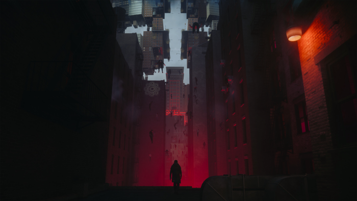 Man in dark alley with surreal floating city