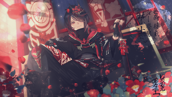 Anime character with oni mask and red flowers