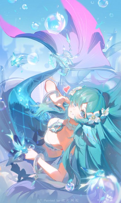 Anime Mermaid with Blue Hair and Pink Tail