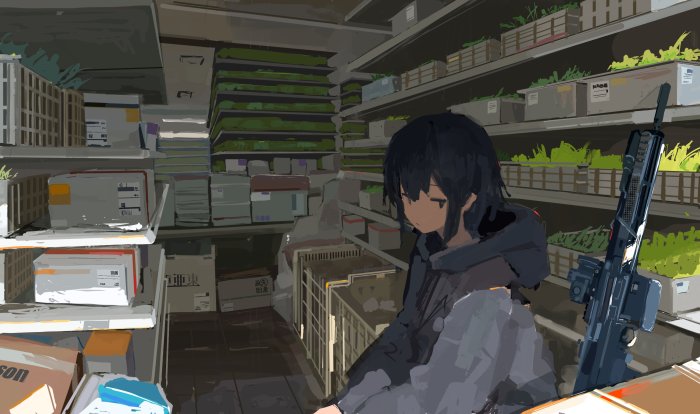 Anime girl with rifle in a storage room