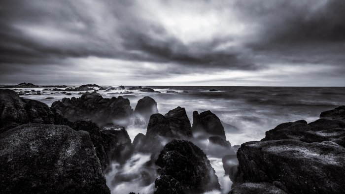 Dramatic Black and White Seascape with Jagged Rocks