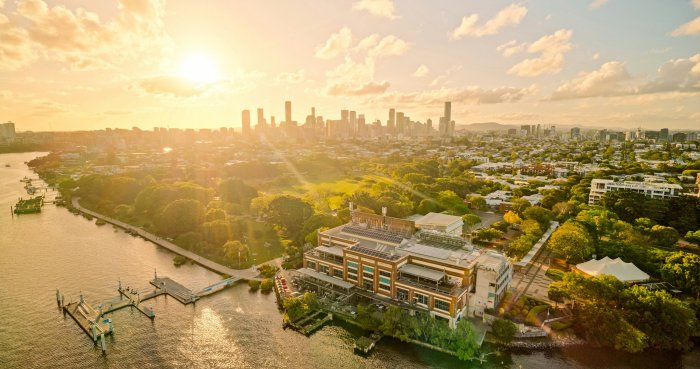 Aerial view of Brisbane city at sunset