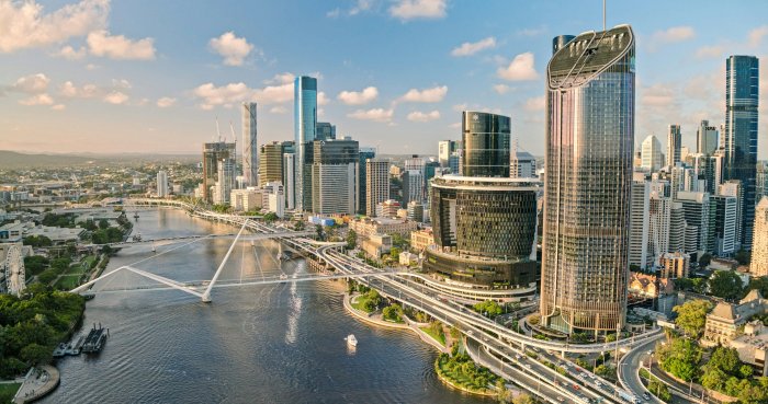 Brisbane skyline and river at sunset