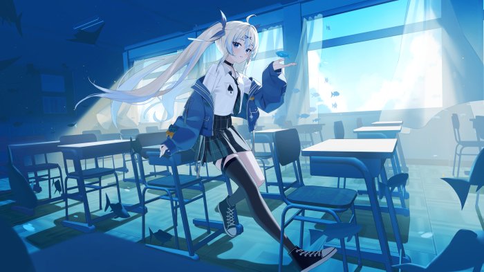 Anime girl in classroom with underwater theme