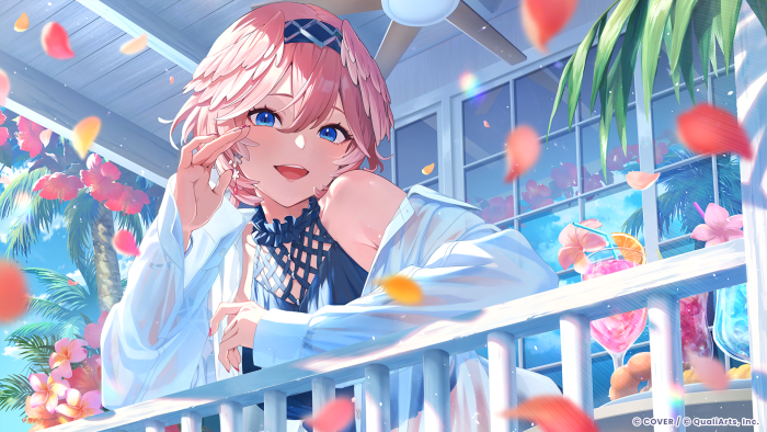Anime girl on a balcony with tropical drinks and flowers