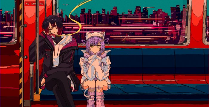 Anime characters on a train with a city skyline