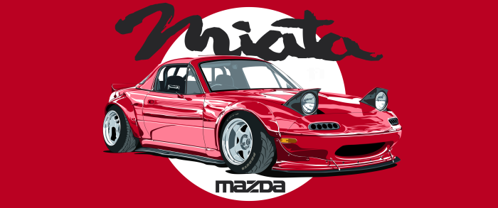 Red Mazda Miata with Japanese text and sun graphic