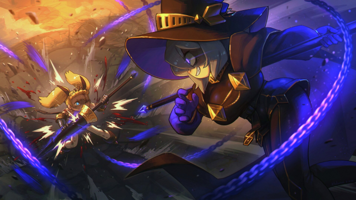 Anime characters in a magical battle with purple energy
