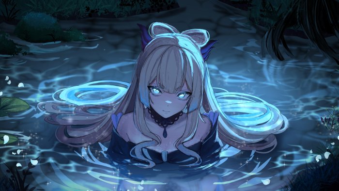 Anime girl in water with glowing eyes