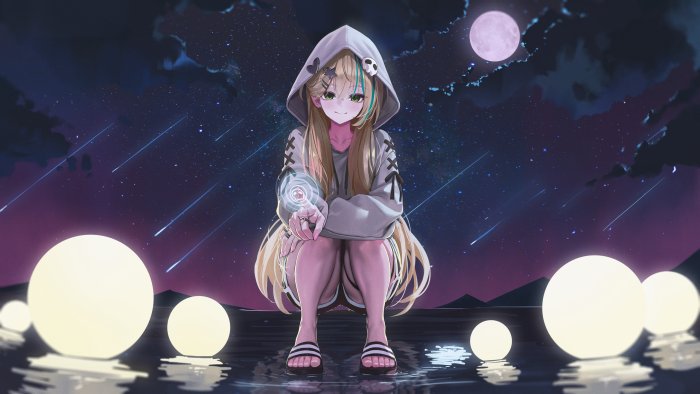 Anime girl with glowing orb under starry sky