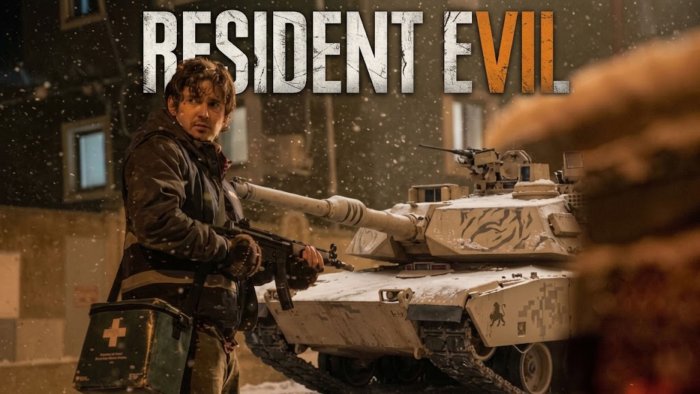 Resident Evil movie poster with man and tank