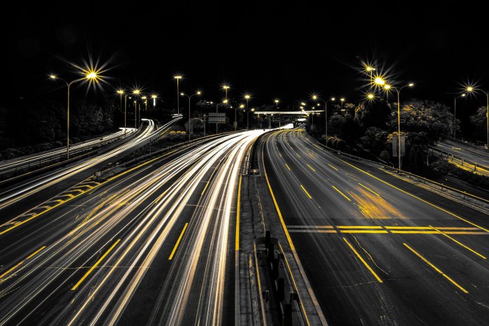 Highway light trails at night