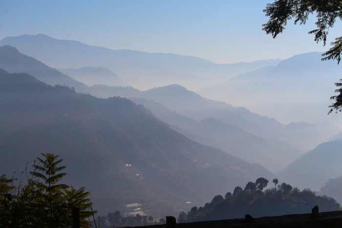 Misty mountain range at sunrise with trees