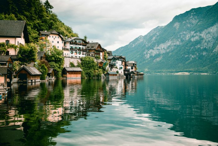 Hallstatt village on a lake with mountains