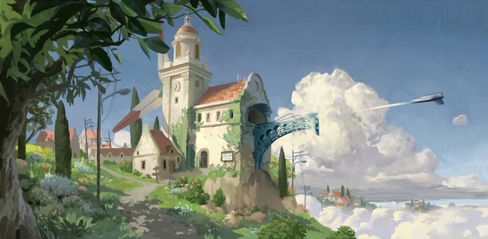 Fantasy village with a bridge and a flying vehicle