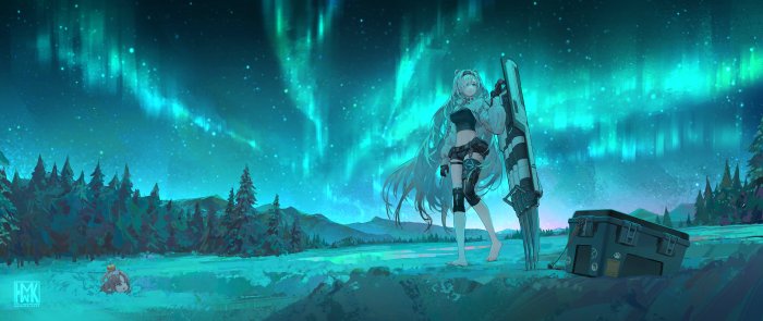 Anime Girl with Giant Weapon Under Aurora