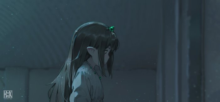 Anime girl with elf ears and green gem jewelry