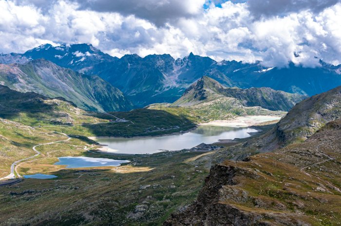 Mountain range with lakes and clouds