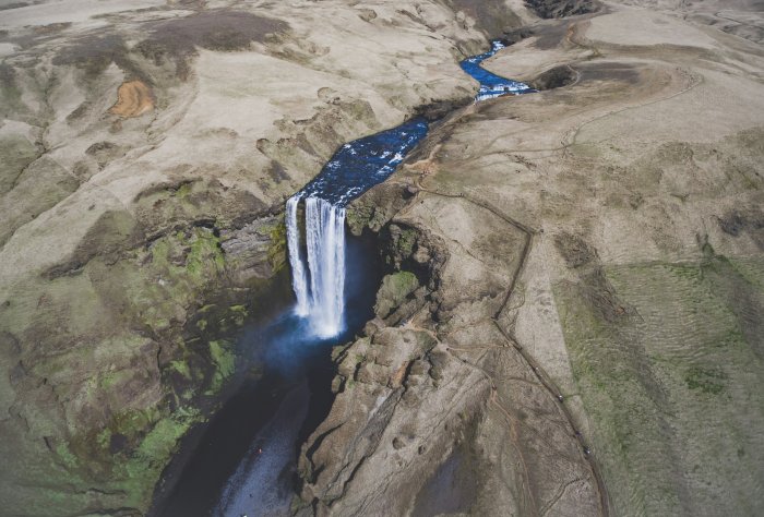 Aerial view of Skogafoss waterfall in Iceland