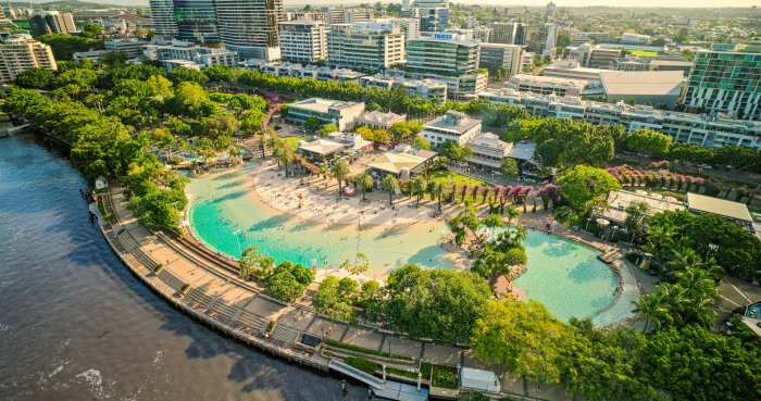 Aerial view of South Bank Parklands lagoon in Brisbane