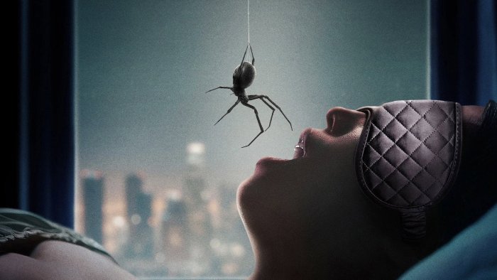 Spider descending on a woman sleeping