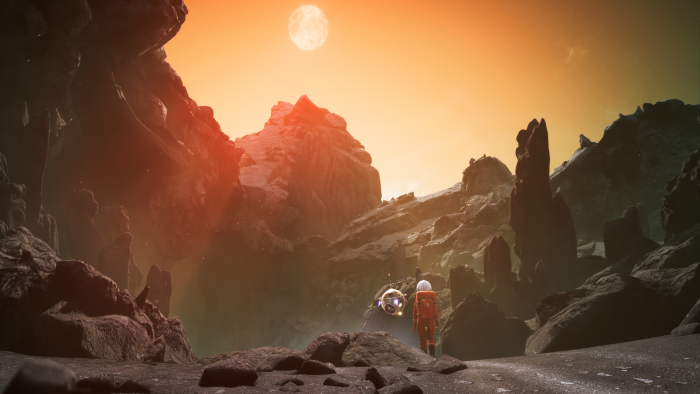 Astronaut and drone on alien planet with orange sky