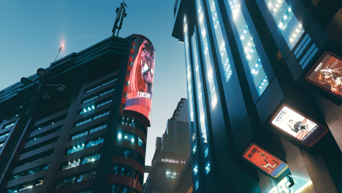 Cyberpunk city with advertisements and futuristic buildings