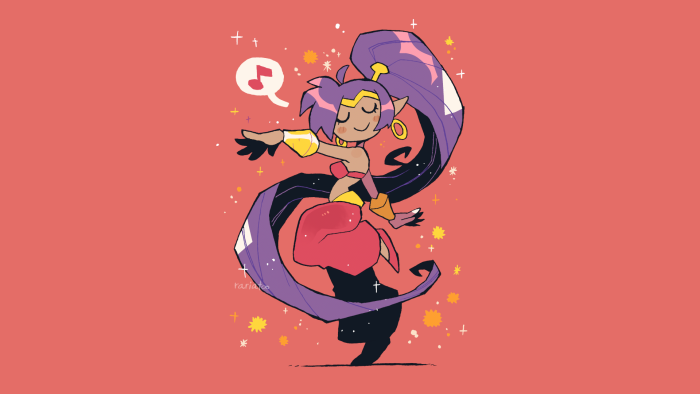 Shantae dancing with music notes and sparkles