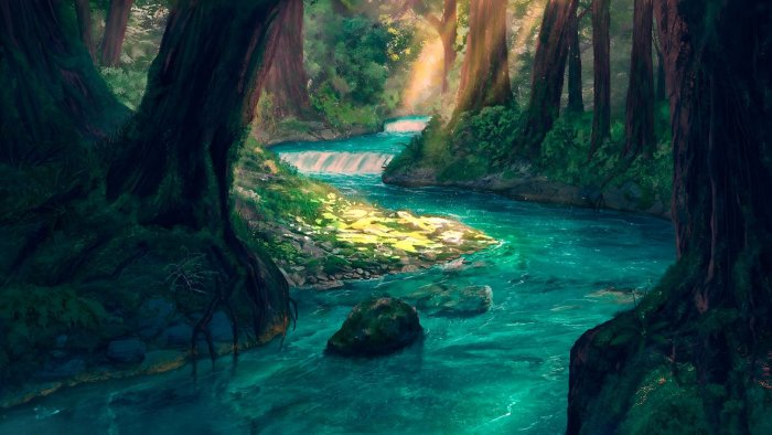 Enchanted forest stream with sunbeams