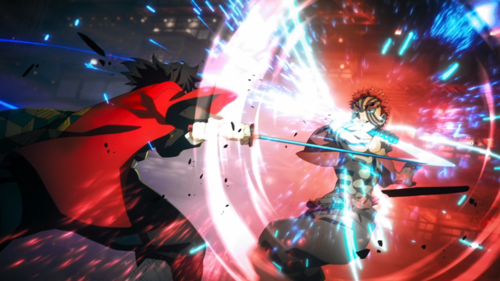 Demon Slayer characters clashing swords with energy effects