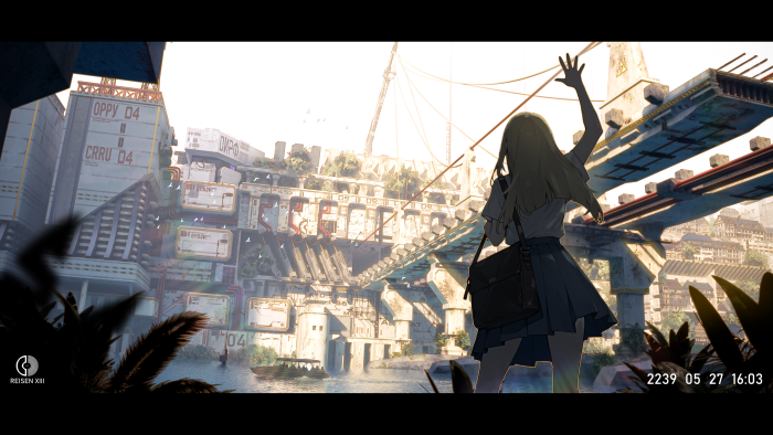 Girl waving goodbye at a futuristic city port