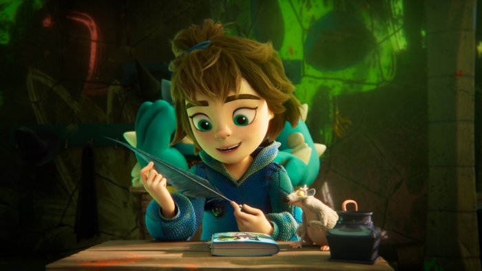 Mia writing with a quill next to a rat