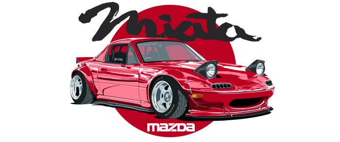Red Mazda Miata with "Miata" and "Mazda" text