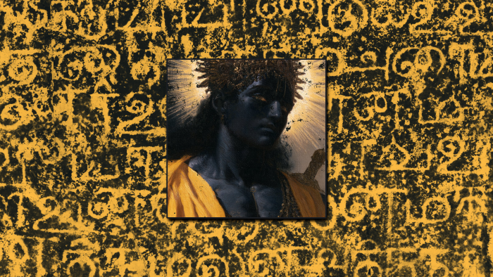 Dark-skinned man with golden eyes and halo