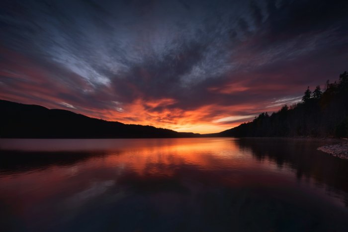 Sunset over a calm lake with silhouetted mountains