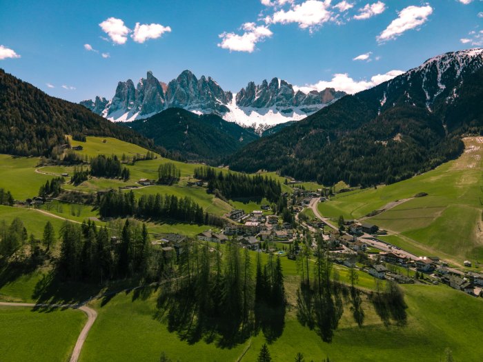 Aerial view of a mountain village in the Dolomites