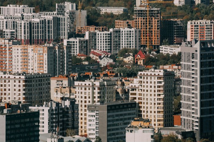 Modern city skyline with diverse residential buildings