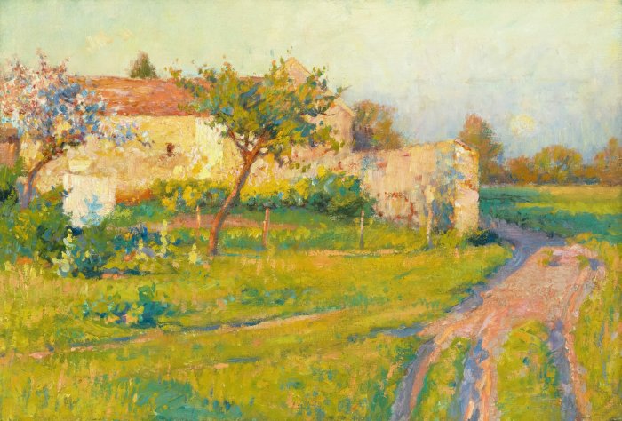 Impressionist painting of a country house and garden