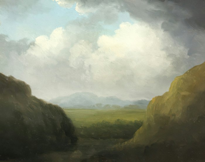 Painting of a cloudy sky over a green valley