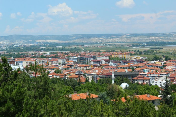 Aerial view of a city with red-tiled roofs and distant hills