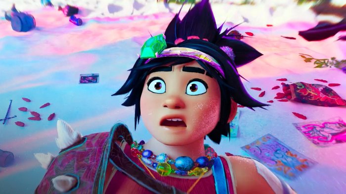 A young girl with a surprised expression in a colorful, dreamlike setting