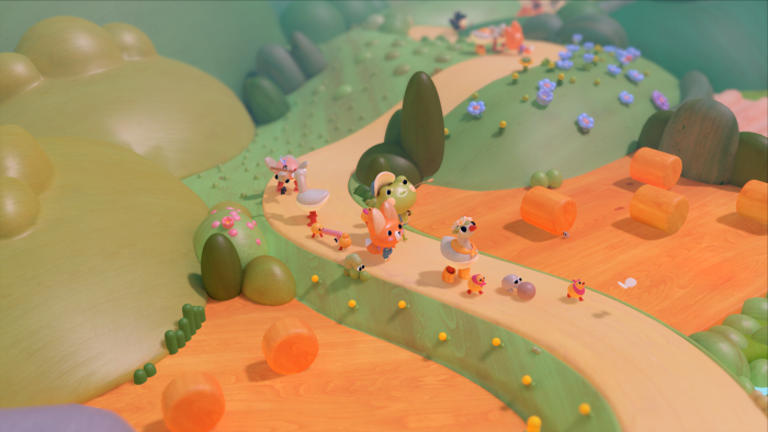 Cute cartoon animals walking on a path in a whimsical landscape