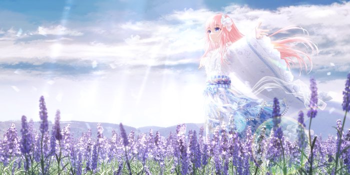 Anime girl in lavender field under sunbeams