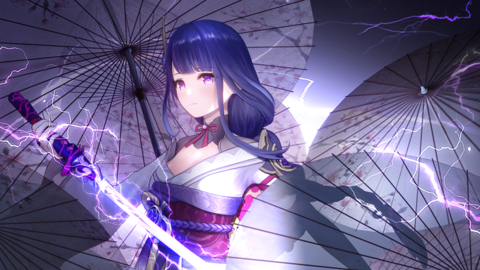Raiden Shogun with lightning and umbrellas