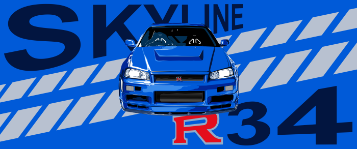 Blue Nissan Skyline R34 GT-R with "SKYLINE R34" text