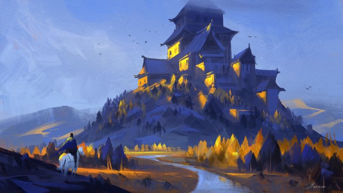 Fantasy castle on a hill with a rider