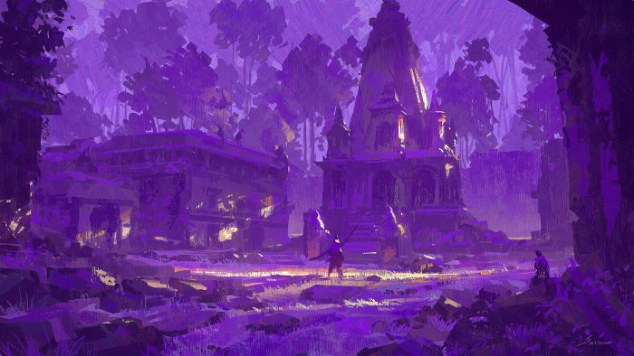 Mysterious figure in a purple, ancient temple ruin