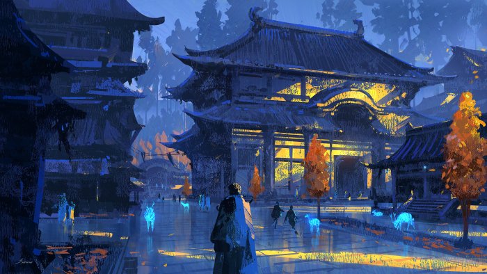 Fantasy Asian architecture with glowing spirits