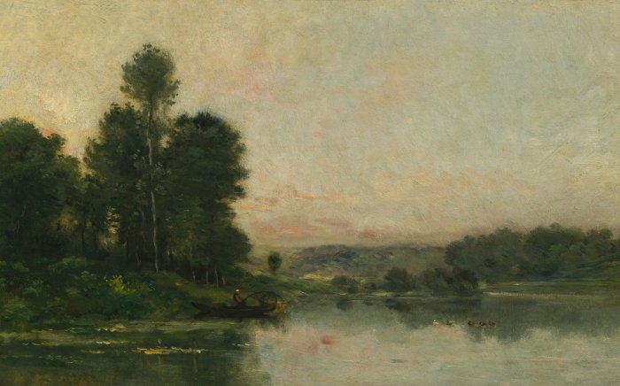 Painting of a river scene with a boat and trees